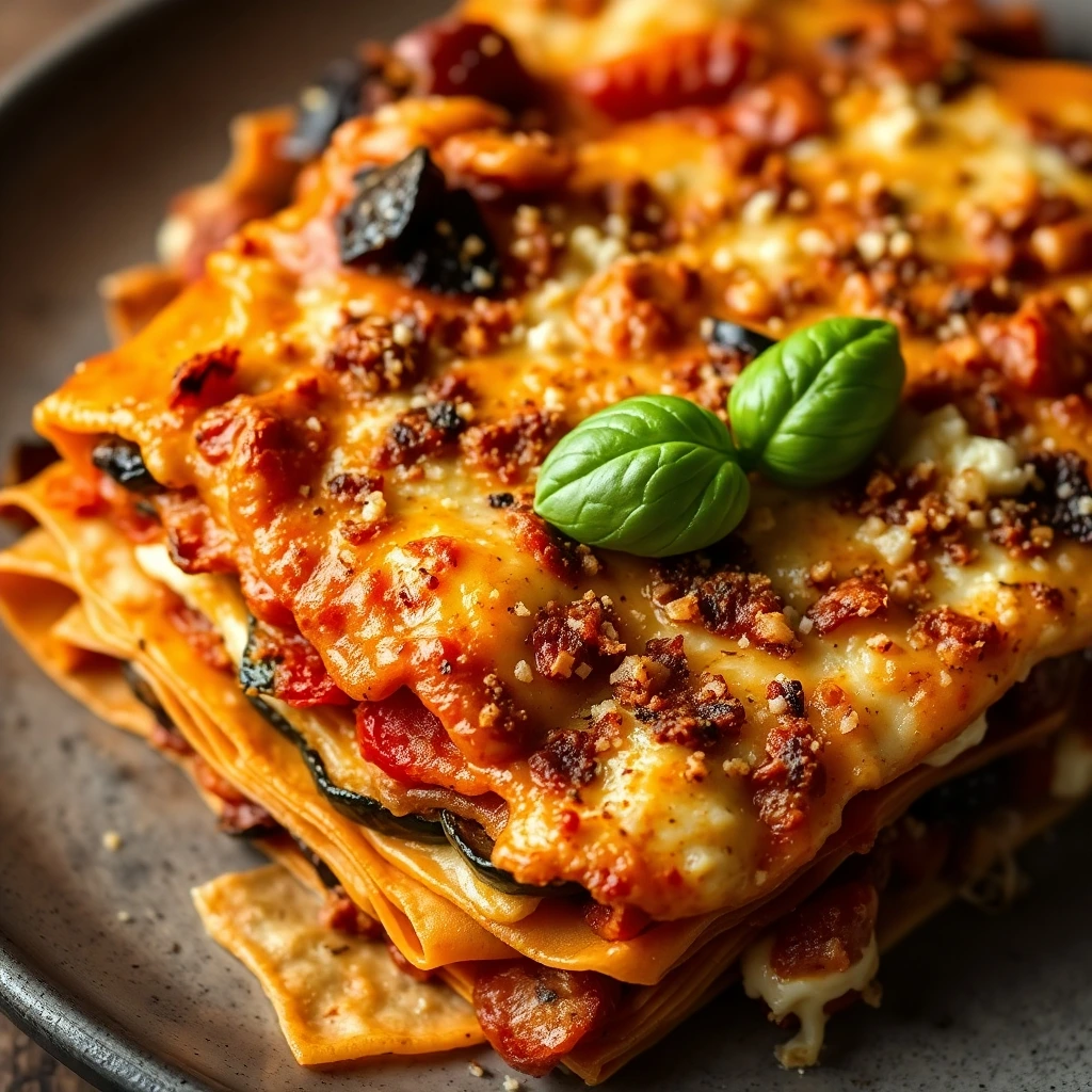 Close-up of a slice of vegetarian lasagne with golden pasta sheets, vibrant vegetables, melted cheese.