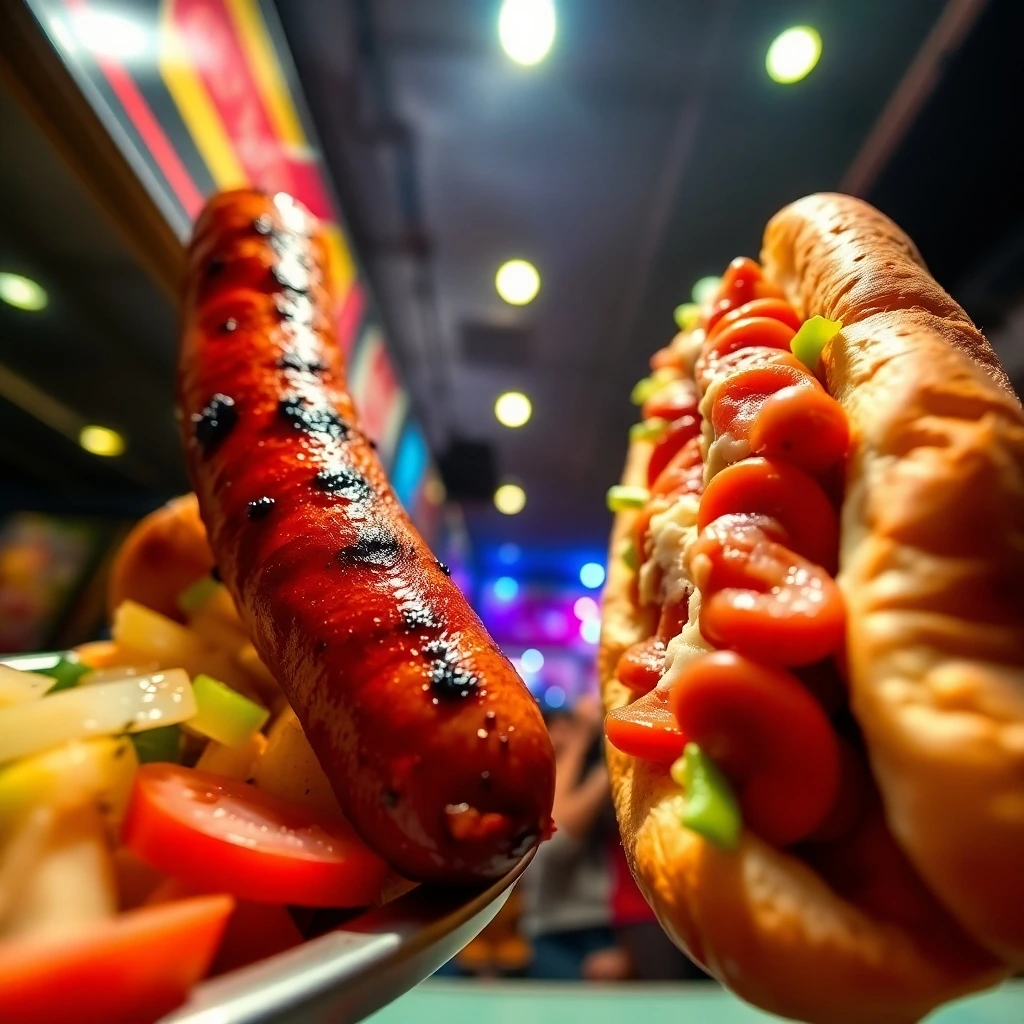 A close-up of a grilled kielbasa served with vegetables on one side and a hot dog in a bun topped with condiments on the other, set in a vibrant background with colorful lights.