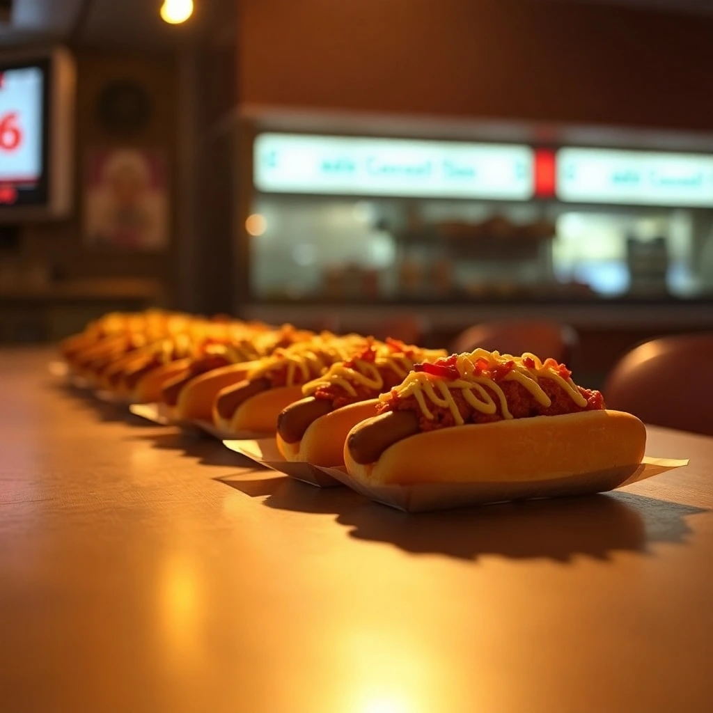 A row of hot dogs topped with melted cheese and diced toppings, arranged on a table with a warm golden glow in a casual dining setting.