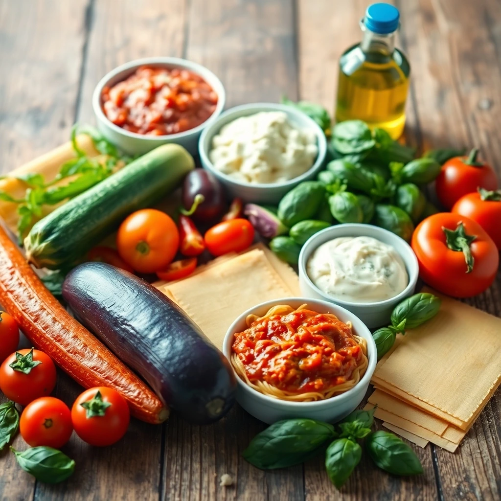 vegetarian lasagna ingredients on a rustic wooden table. 