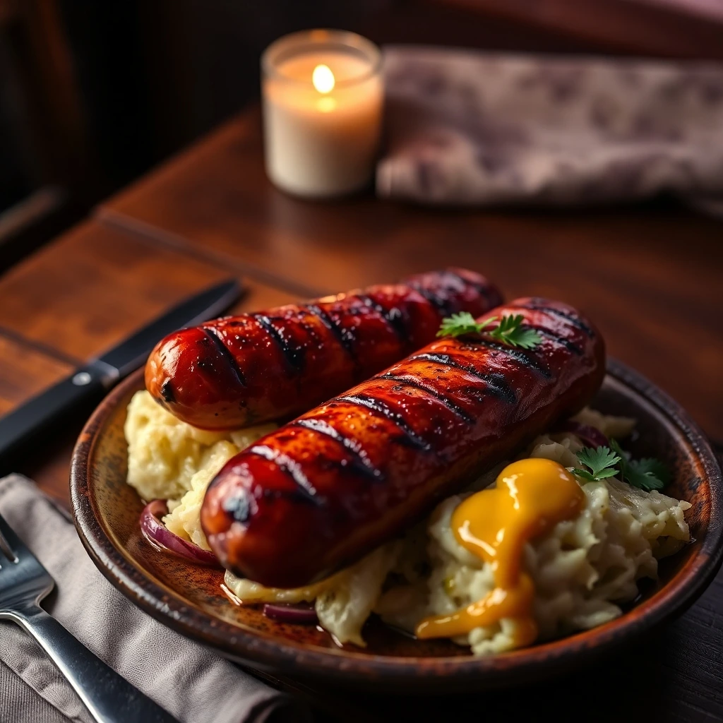 Grilled kielbasa sausages with glossy grill marks served on a rustic plate with mashed potatoes, sautéed cabbage, and mustard, garnished with parsley in a cozy, candlelit setting.