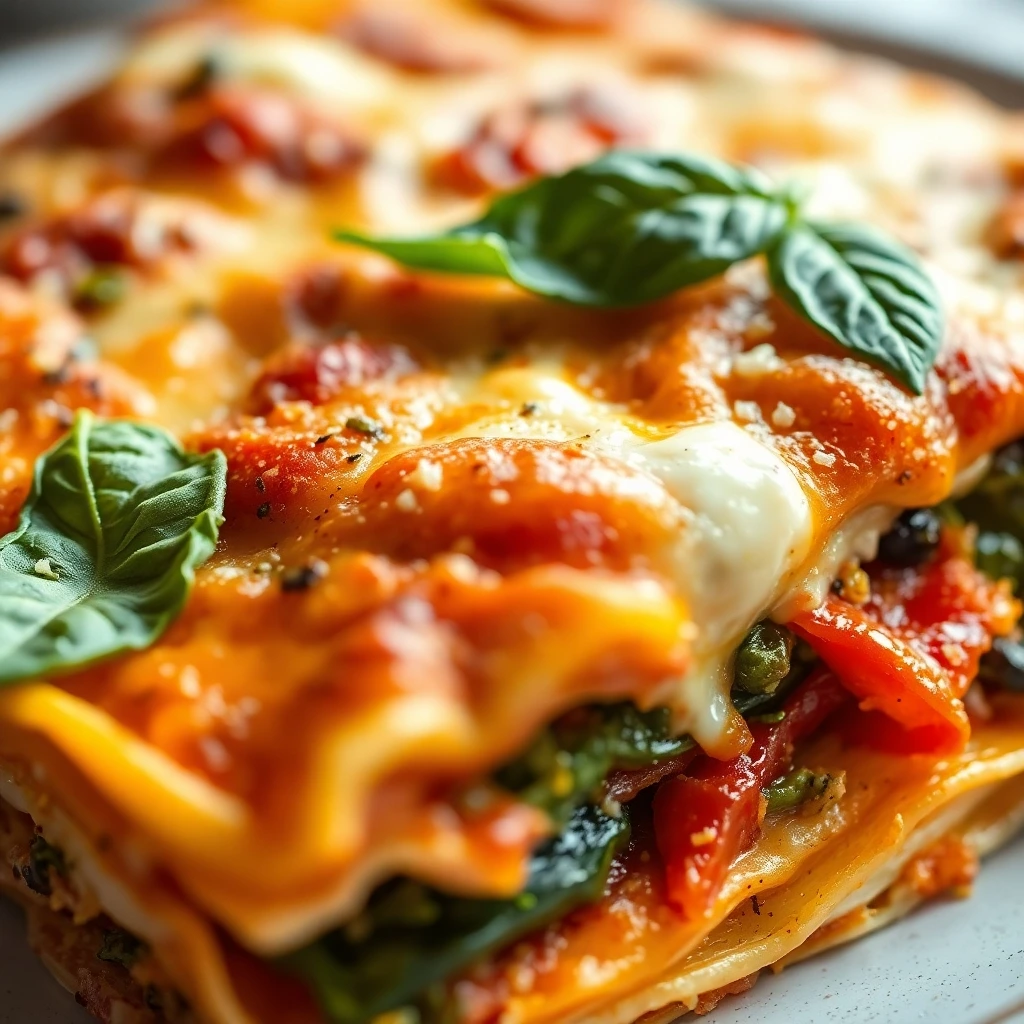 Close-up of a slice of vegetarian lasagne with golden pasta sheets, vibrant vegetables, melted cheese, and fresh basil leaves.