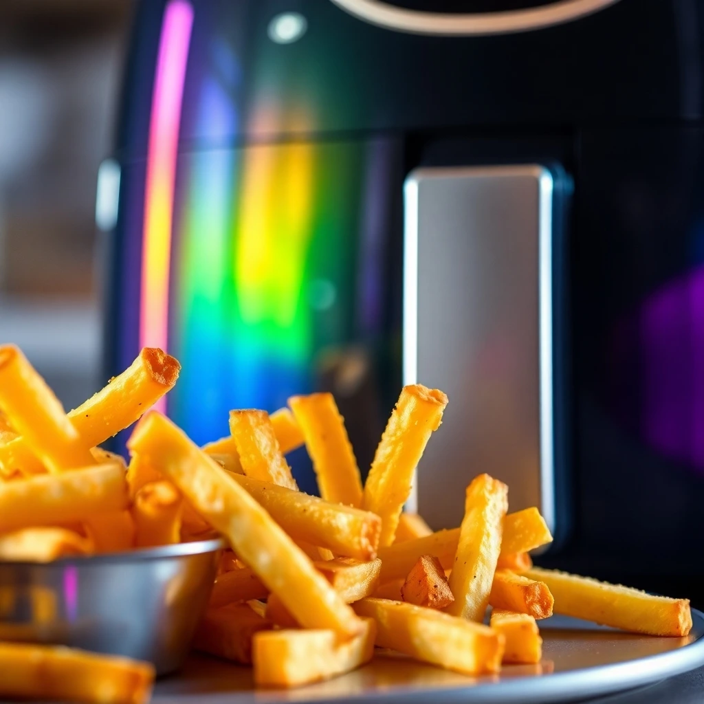 Golden air-fried French fries served in a dish with a colorful, iridescent reflection shimmering on the air fryer in the background.