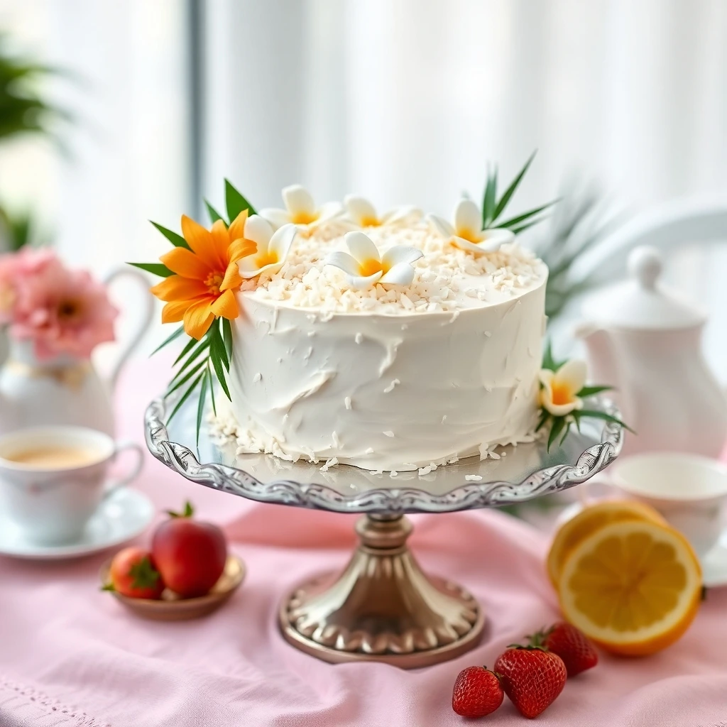 Elegant coconut cake decorated with tropical flowers on a silver cake stand.
