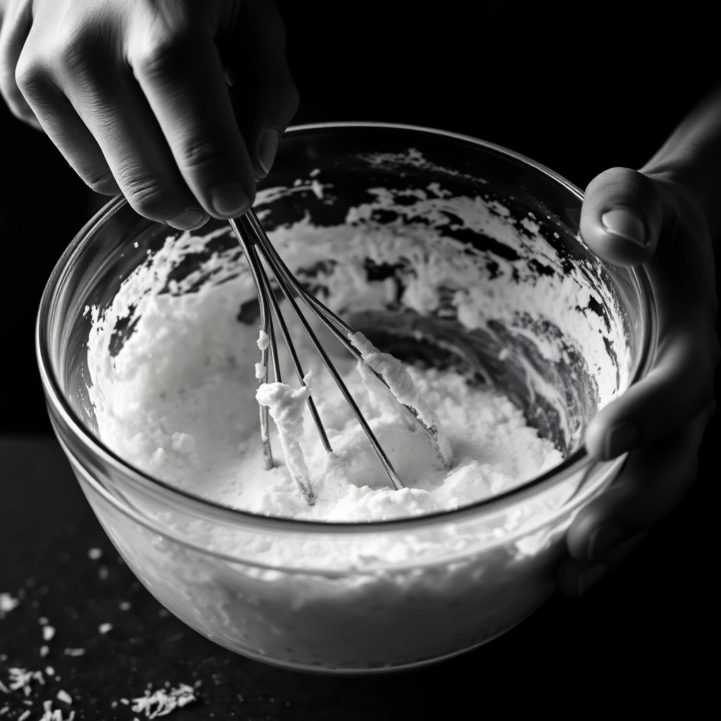 Person whisking coconut cream in a glass bowl.