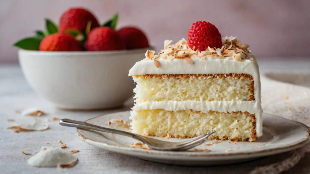 Slice of coconut cake on a plate with fresh strawberries in the background.