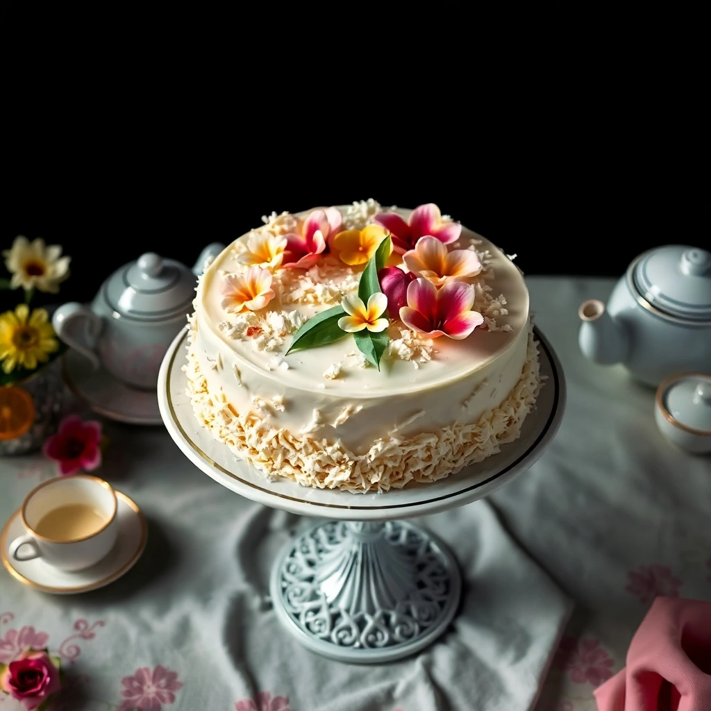 Coconut cake with colorful tropical flowers on an ornate cake stand.