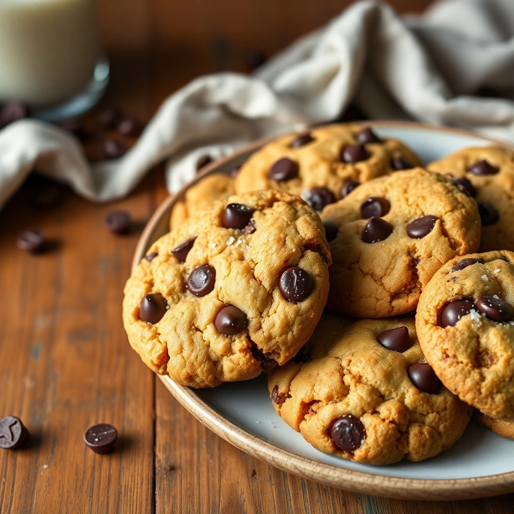 A plate of freshly baked chocolate chip cookies on a wooden table with chocolate chips scattered around.