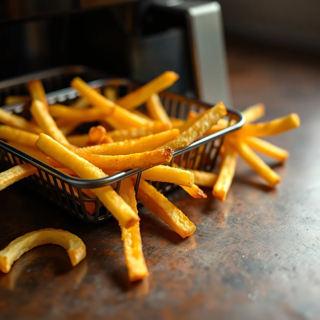 Golden crispy air-fried French fries spilling out of a black fryer basket on a rustic countertop, with a modern air fryer in the background.