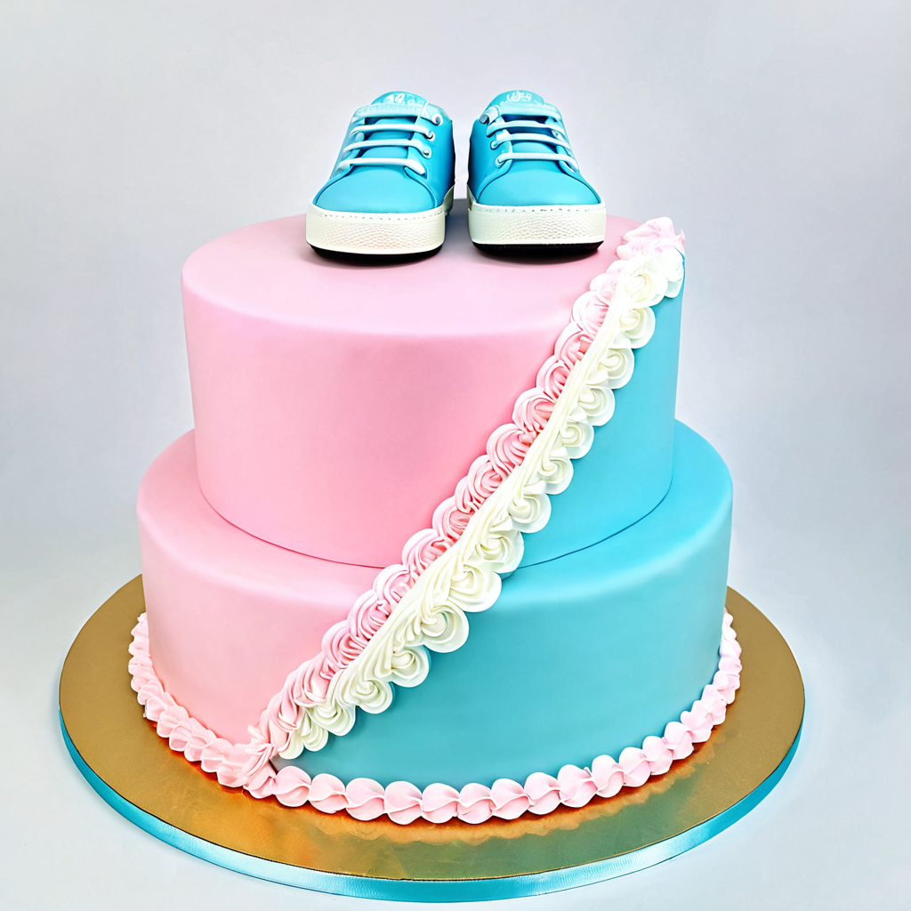 A two-tiered gender reveal cake decorated with pink and blue fondant, divided diagonally with piped white frosting. The cake is topped with a pair of blue baby shoes.