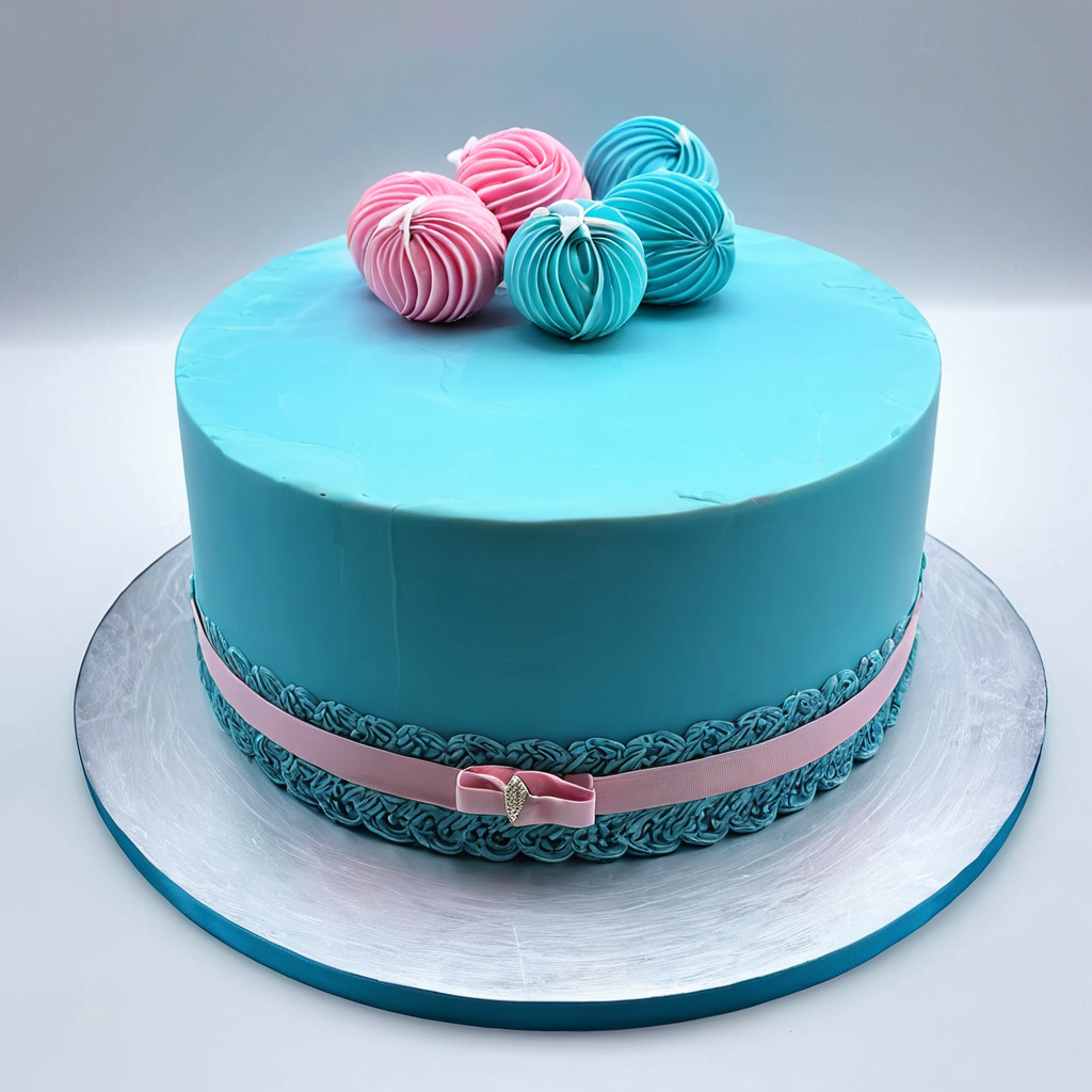 A round gender reveal cake covered in smooth blue fondant, decorated with pink and blue swirl-shaped toppers and a pink ribbon accent.