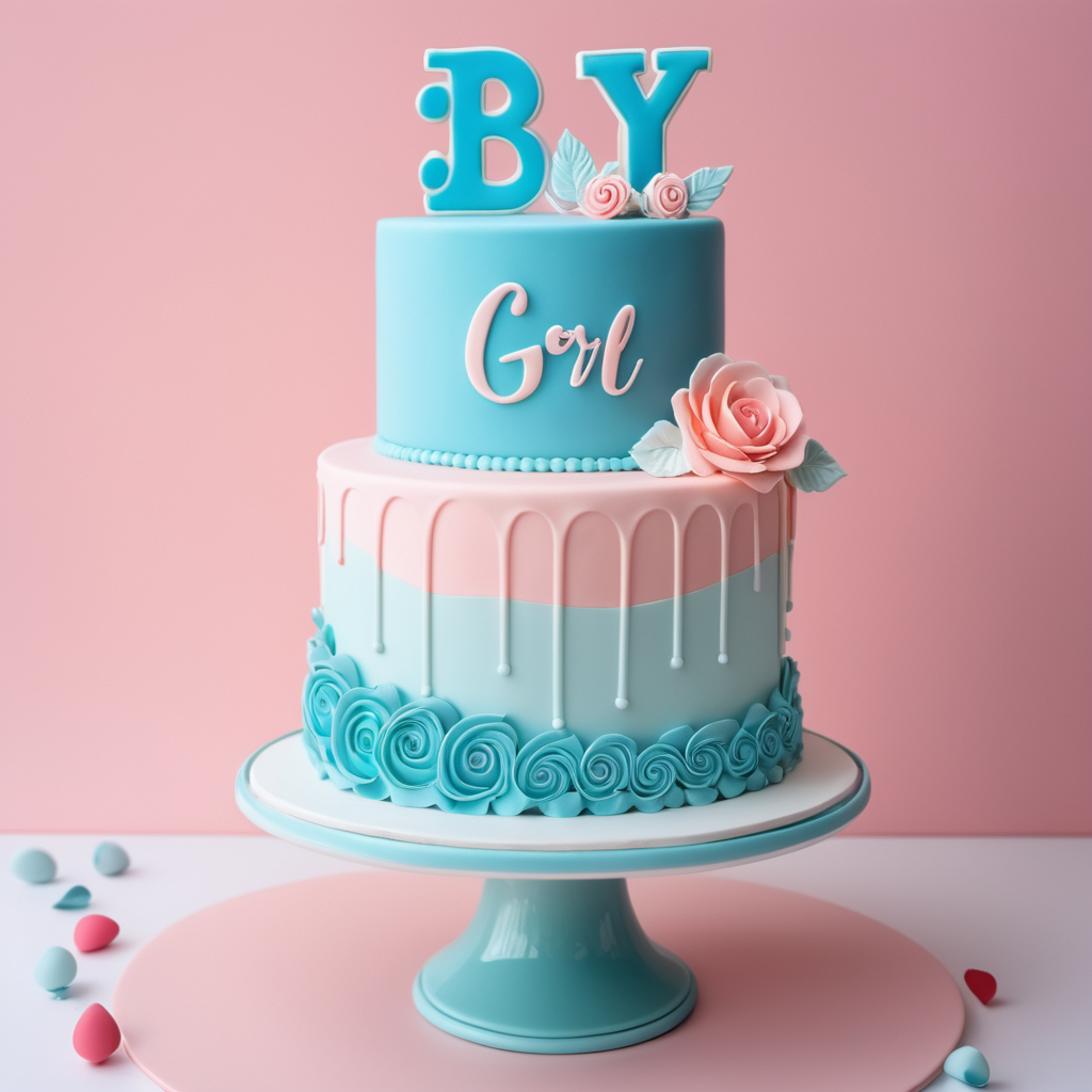 A two-tiered gender reveal cake with pink and blue fondant, featuring elegant drip details, rose decorations, and a "Boy or Girl" topper.