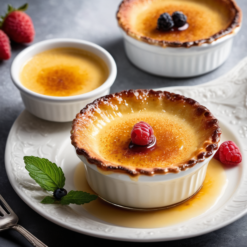 Golden crème brûlée topped with fresh raspberries, served in white ramekins on a decorative plate with mint leaves.