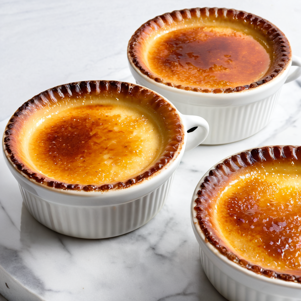 Classic crème brûlée served in a ramekin with a golden caramelized sugar crust, accompanied by fresh berries on a vintage-style plate.