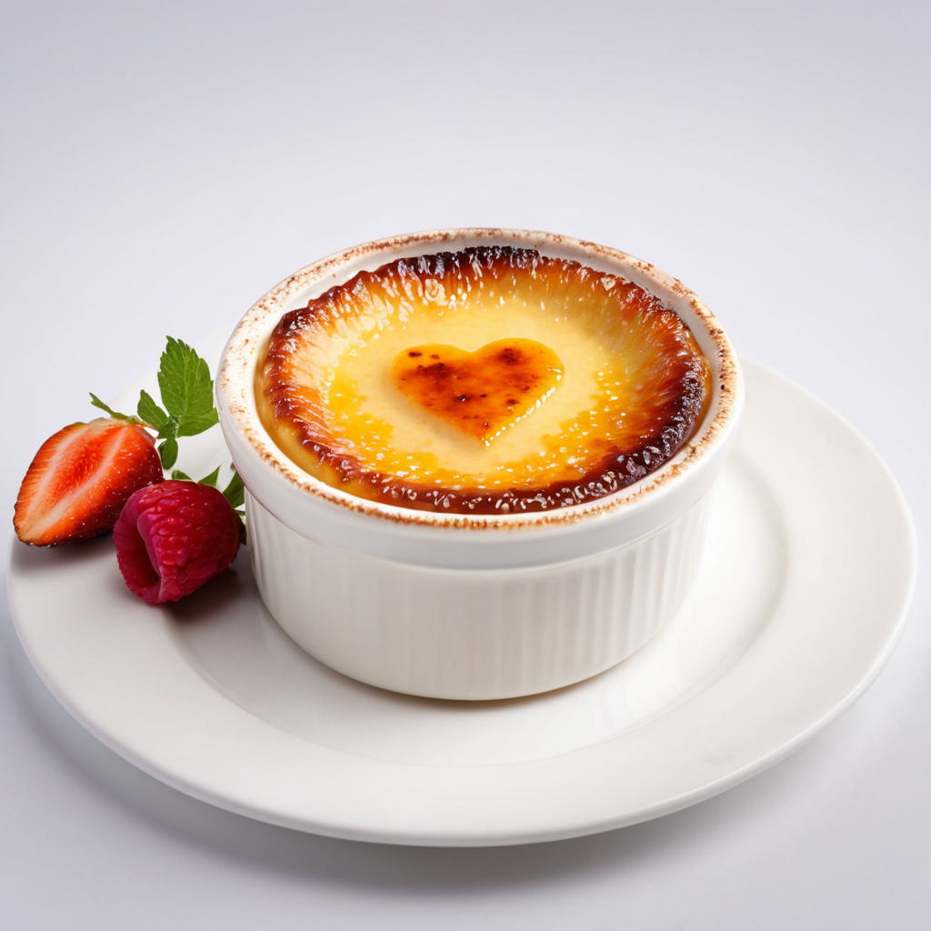 A classic crème brûlée dessert with a caramelized sugar topping shaped like a heart, garnished with fresh strawberries and raspberries on a white plate.