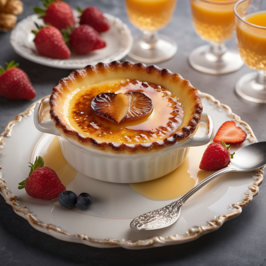 Classic crème brûlée served in an elegant ramekin with a caramelized heart-shaped sugar topping, surrounded by fresh berries and syrup on a vintage plate.