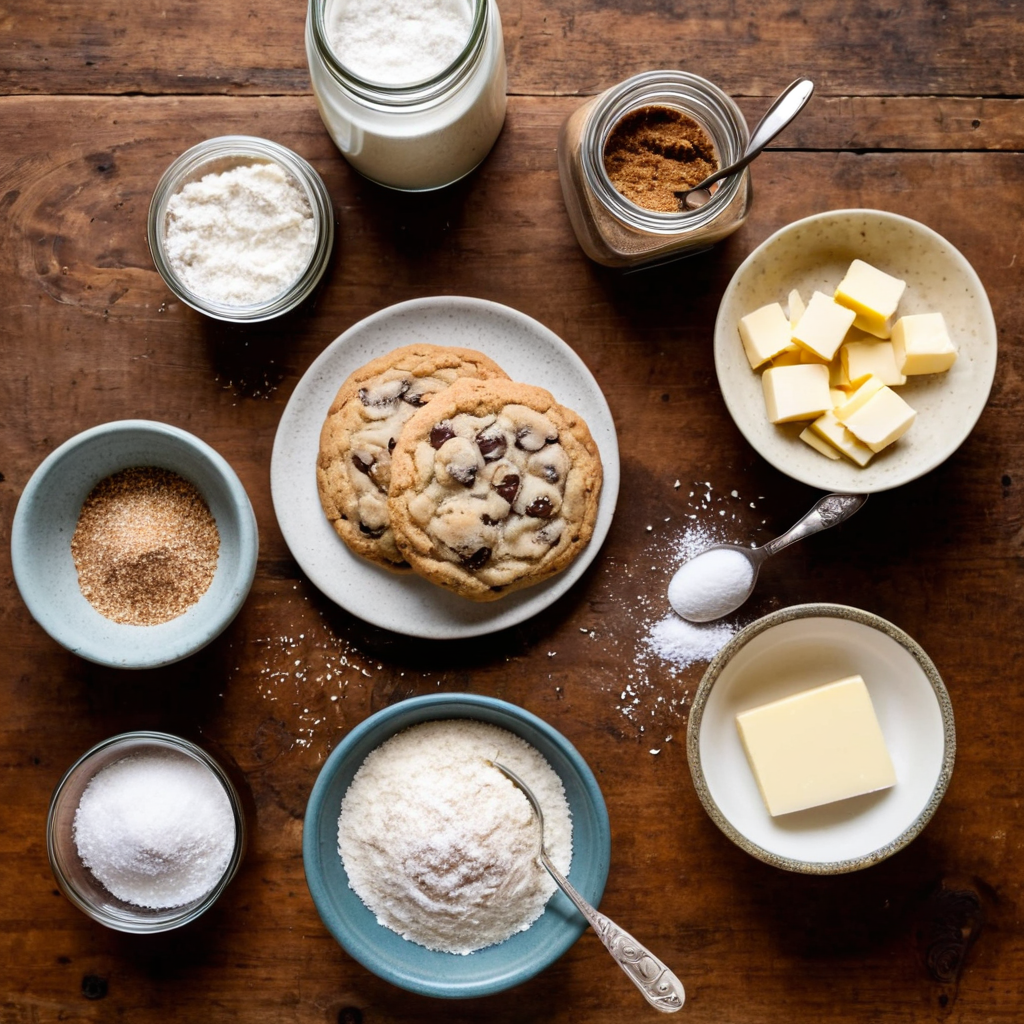 An overhead view of ingredients for sourdough chocolate chip cookies arranged on a rustic wooden table, with freshly baked cookies on a plate in the center.