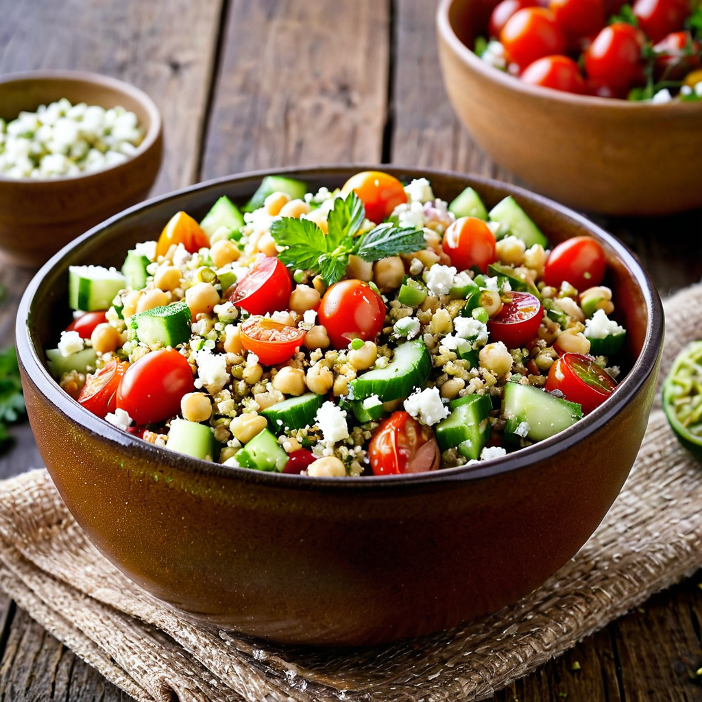 Jennifer Aniston salad in a brown bowl with bulgur, chickpeas, cucumbers, cherry tomatoes, and feta cheese garnished with fresh herbs.