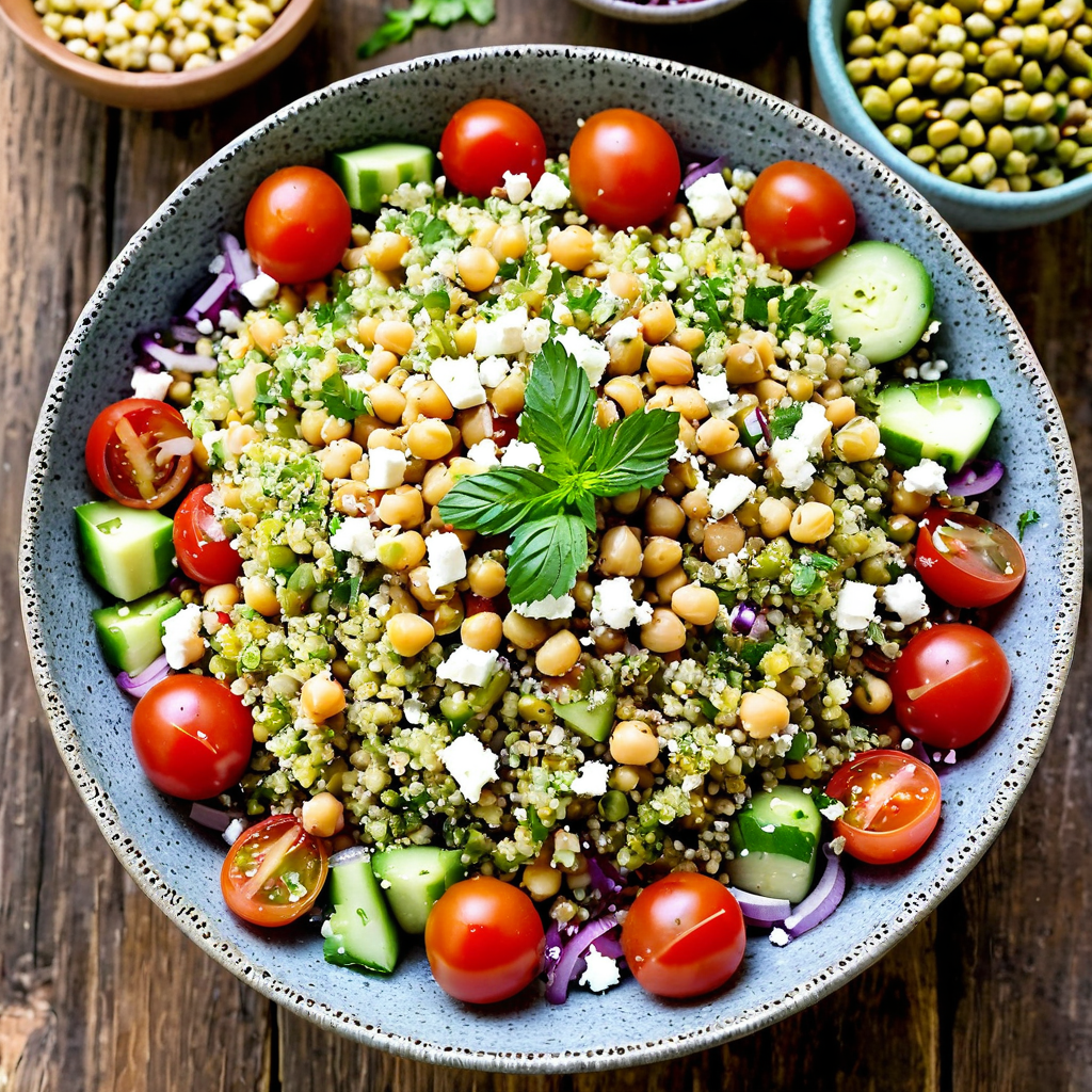 Bowl of Jennifer Aniston salad featuring bulgur, chickpeas, cherry tomatoes, cucumber, feta cheese, and fresh herbs.