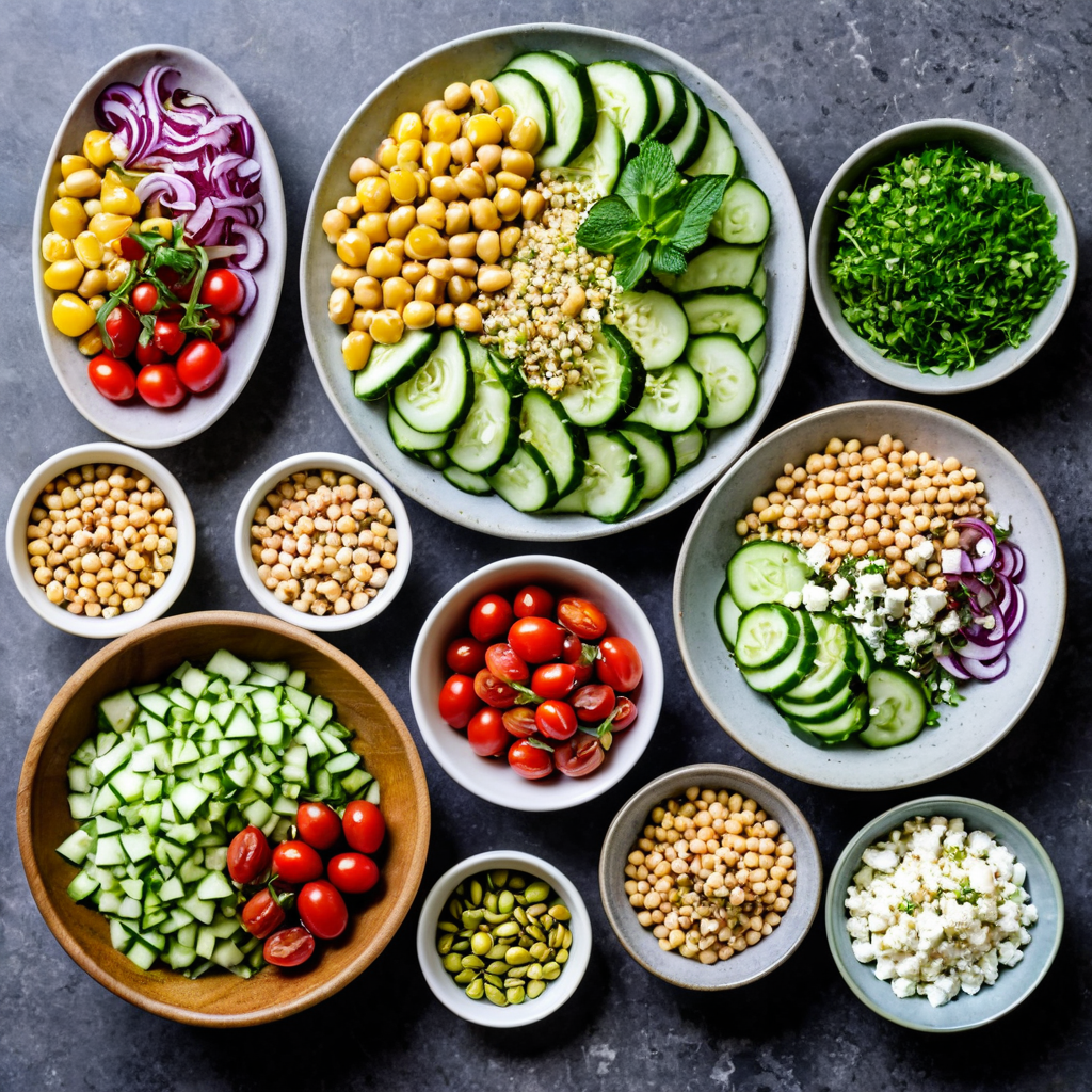 Fresh ingredients for Jennifer Aniston salad displayed in bowls, including cucumber slices, cherry tomatoes, chickpeas, red onion, bulgur, feta cheese, and fresh herbs.