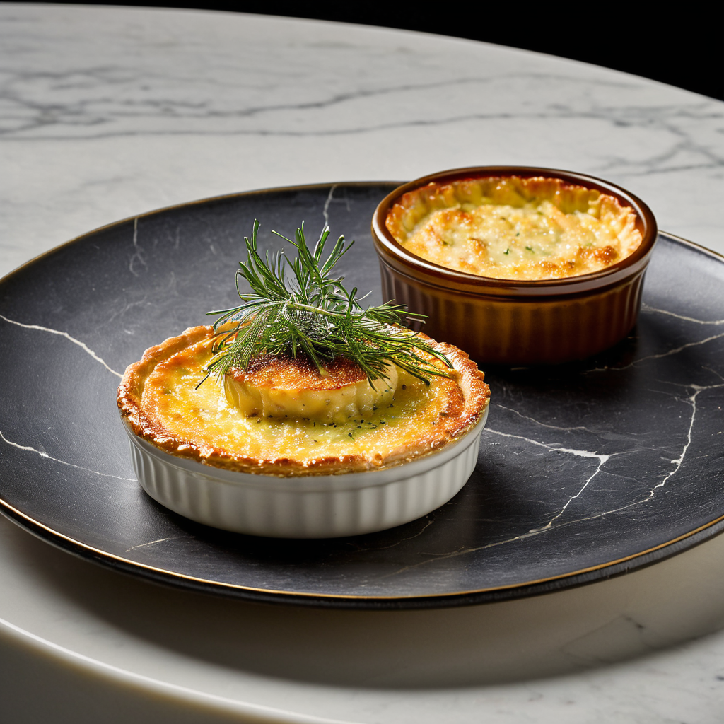 Two ramekins of golden Crab Brûlée garnished with fresh dill, served on a black marble plate with elegant detailing.