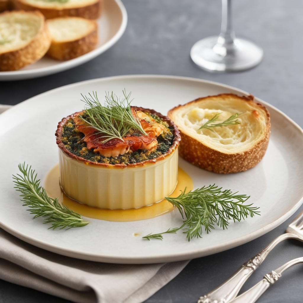 A gourmet Crab Brûlée served in a ramekin with a golden caramelized crust, garnished with fresh dill. Accompanied by a toasted slice of artisan bread on a white plate with elegant silverware and a soft gray background.