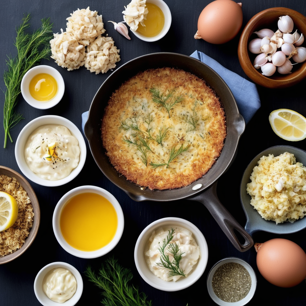 Flat lay of fresh ingredients for Crab Brûlée including lump crab meat, egg yolks, heavy cream, shallots, garlic, lemon zest, Old Bay seasoning, cayenne pepper, butter, fresh dill, and ramekins on a rustic wooden surface.