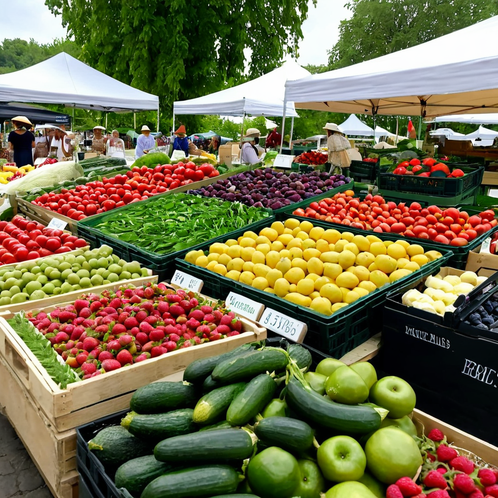 A vibrant farmer's market filled with fresh fruits, vegetables, and plant-based products, showcasing sustainable food choices.