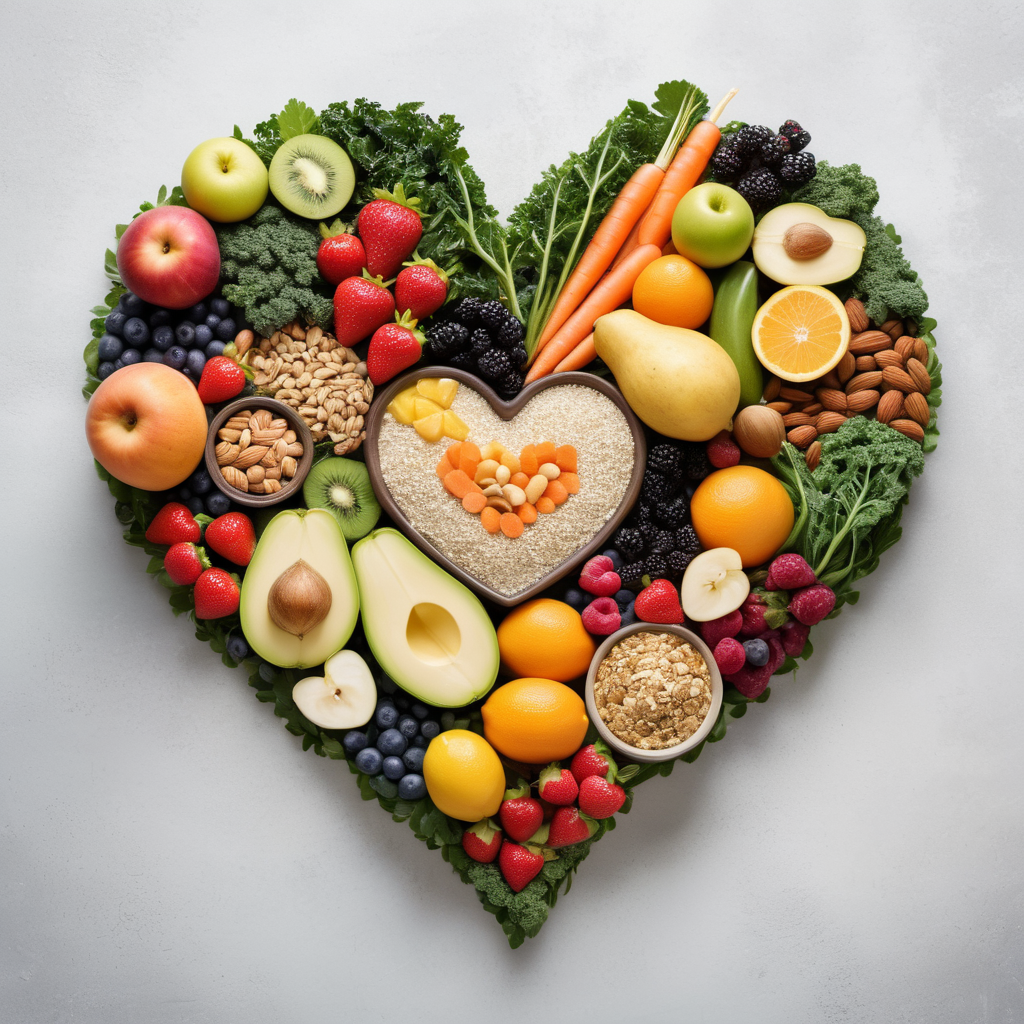 Heart-shaped arrangement of plant-based diet products including fruits, vegetables, whole grains, nuts, seeds, plant-based milk, and vegan cheese.