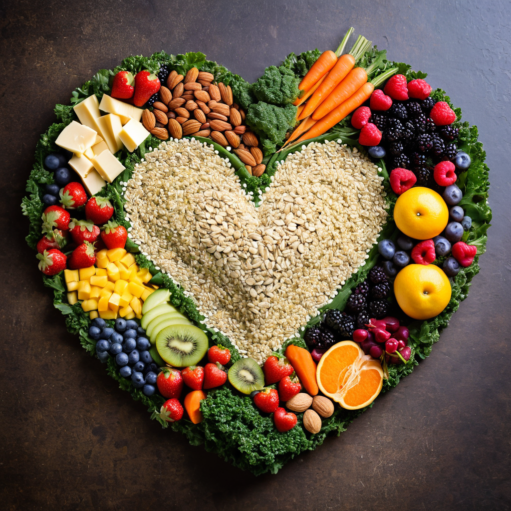 A heart-shaped arrangement of healthy foods including fruits, vegetables, nuts, seeds, and leafy greens, symbolizing nutritious eating.