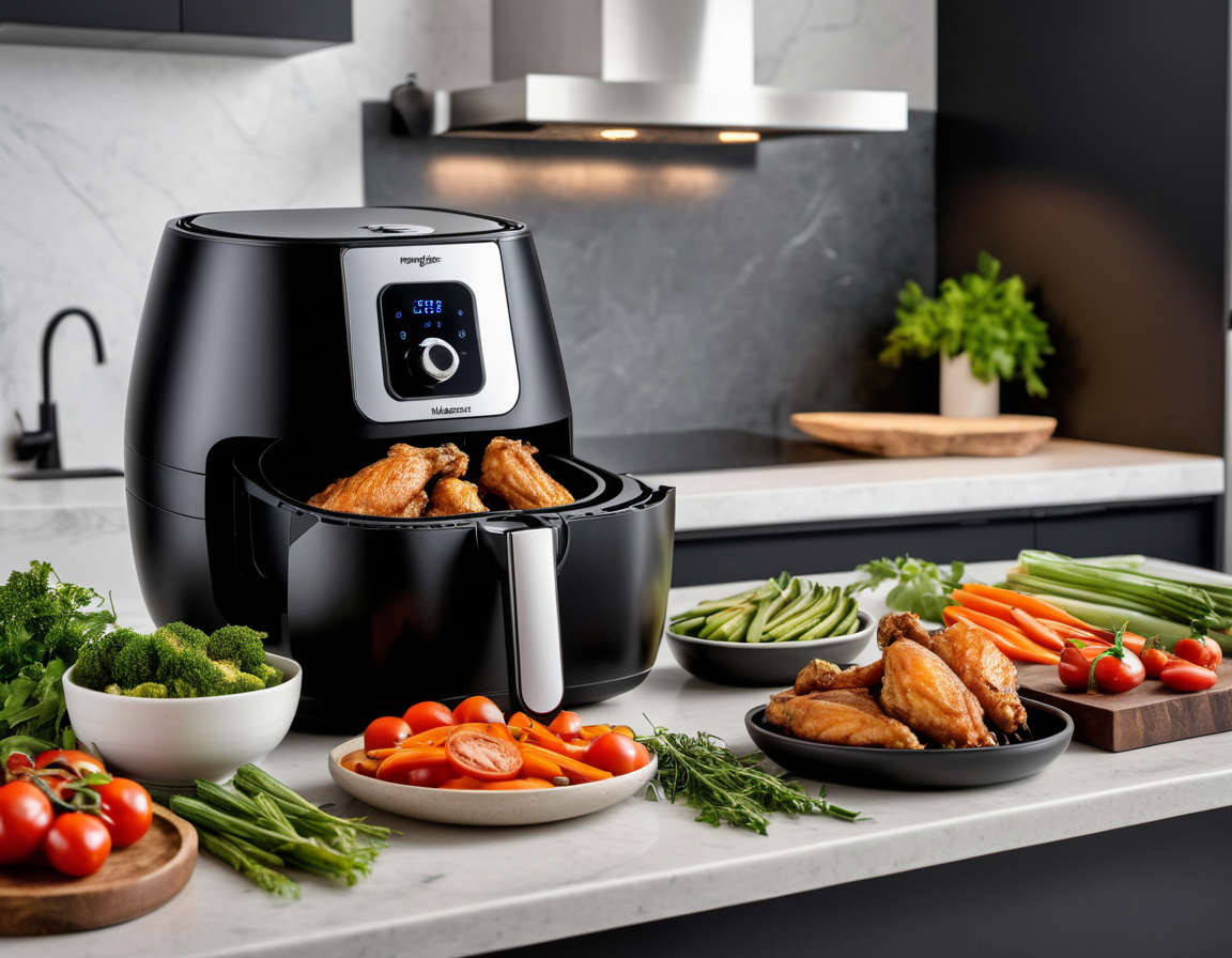 A modern kitchen with a black air fryer on the counter, surrounded by fresh vegetables, raw chicken wings, and spices in neat arrangements.