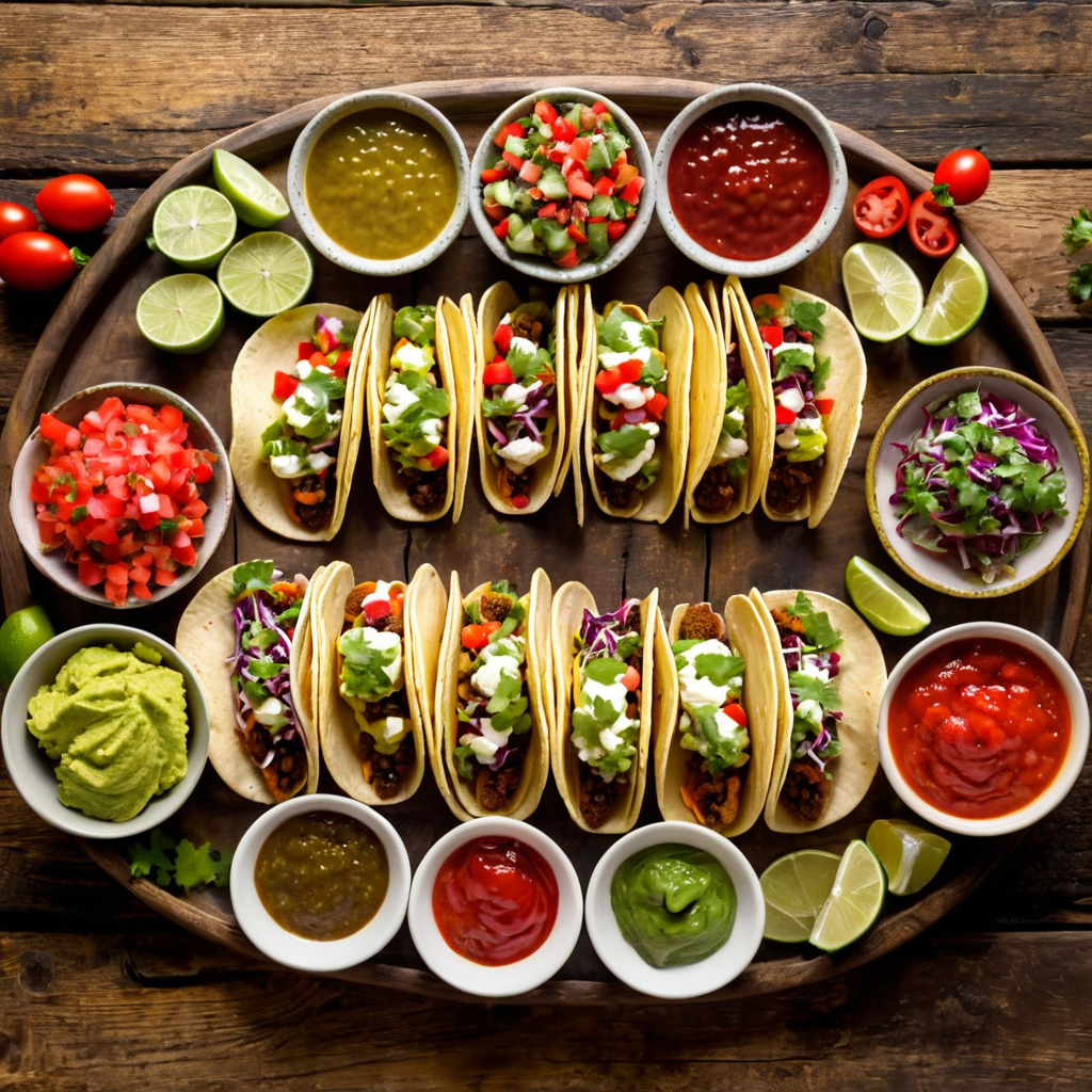 An overhead view of a wooden platter filled with rows of colorful mini tacos, surrounded by bowls of salsa, guacamole, and lime wedges.