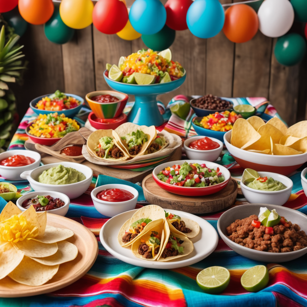 A festive table setup with a colorful spread of mini tacos, guacamole, salsa, tortilla chips, and toppings, surrounded by vibrant decorations and balloons.