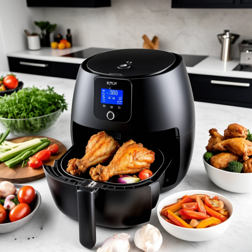 A black digital air fryer with chicken drumsticks and vegetables, surrounded by fresh produce like tomatoes, garlic, and peppers on a marble countertop.