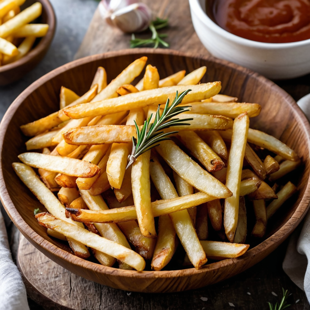 A wooden bowl filled with golden, crispy air-fried French fries, garnished with a sprig of fresh rosemary, served alongside a small dish of dipping sauce in a rustic kitchen setting.