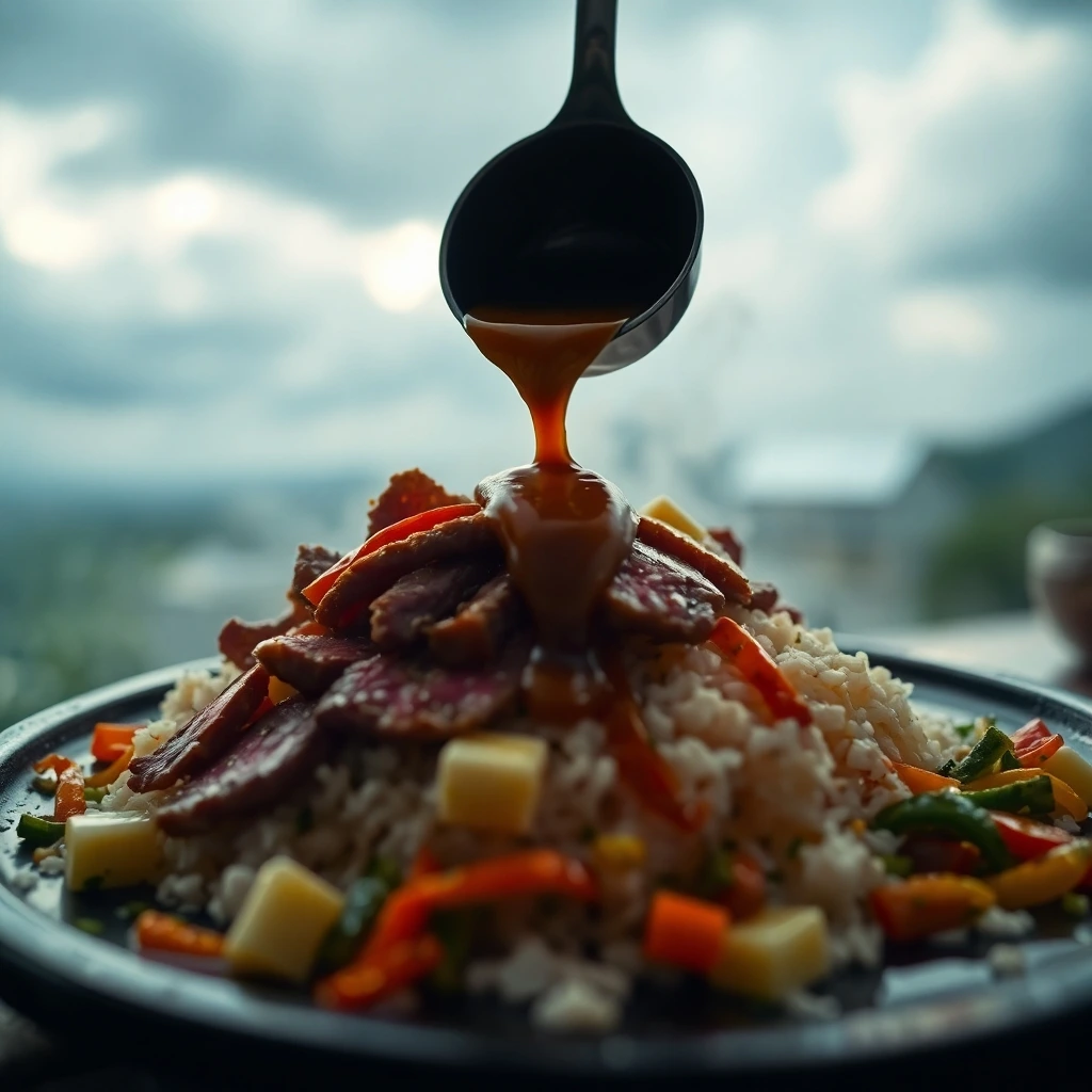 A ladle pouring brown sauce over a plate of rice, vegetables, and sliced beef, creating a rich and flavorful dish.