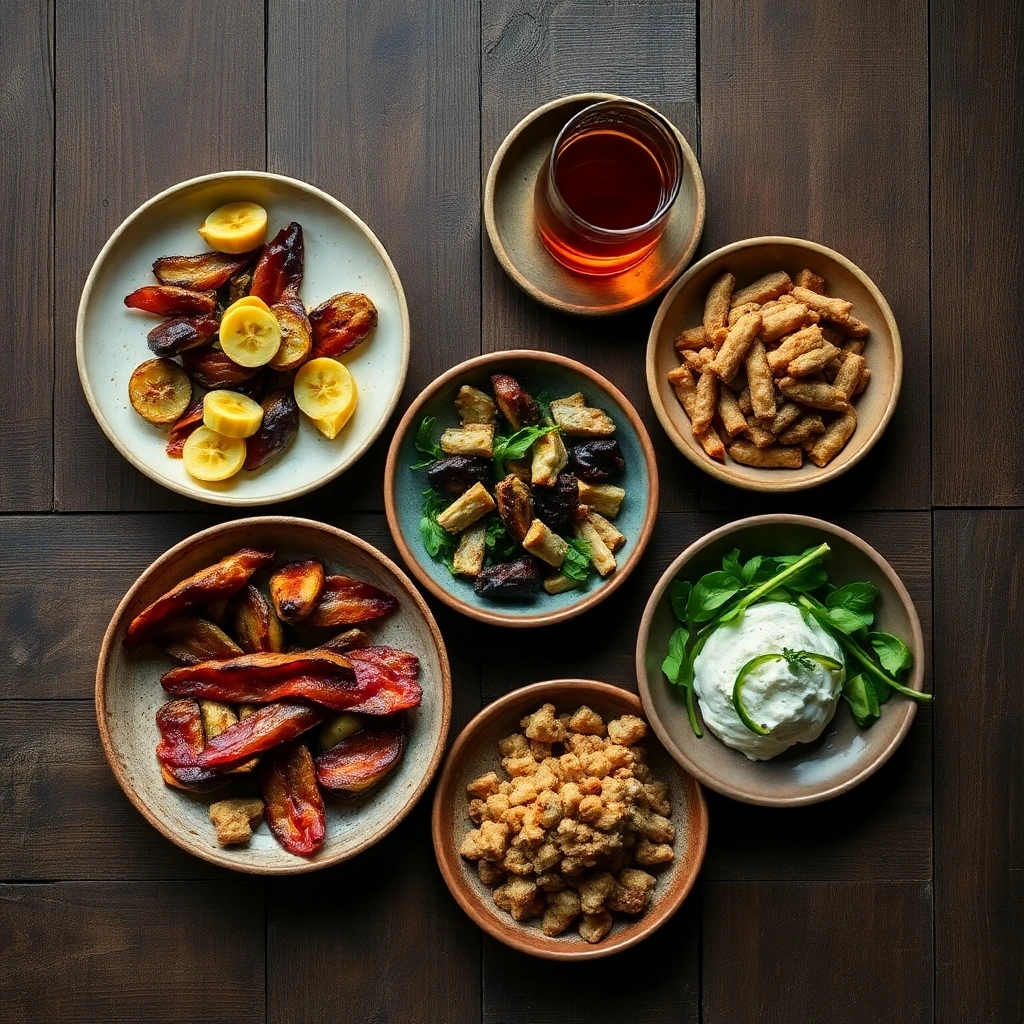 Upcycled Foods Revolution: Assortment of dishes made from upcycled ingredients on a rustic wooden table.