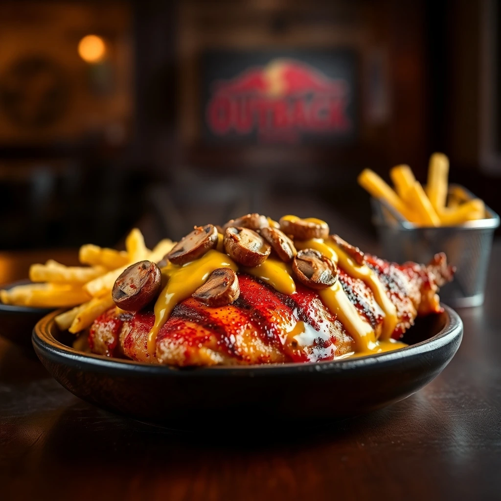 A plate of grilled Alice Springs Chicken breast topped with melted cheese, sautéed mushrooms, and a drizzle of honey mustard sauce, served with crispy French fries in a rustic dining setting.