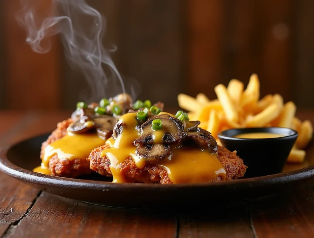 Alice Springs Chicken breasts topped with melted cheese, sautéed mushrooms, and fresh chives, served steaming hot with French fries and a dipping sauce.