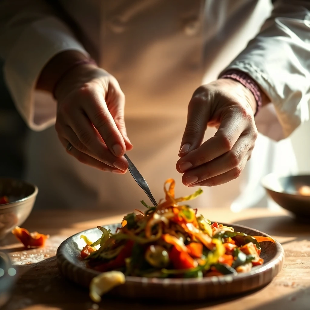 Upcycled Food Revolution: Chef's hands preparing a gourmet dish using vegetable peels.