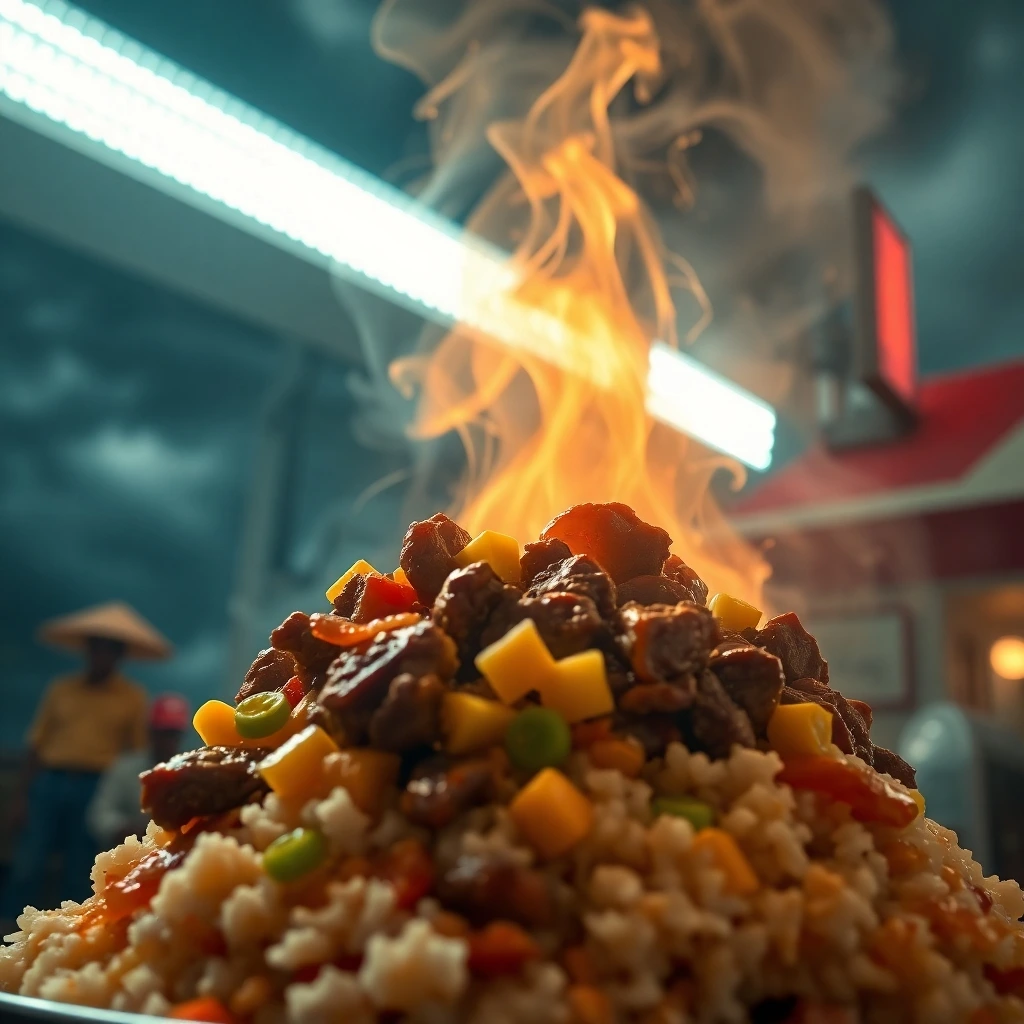 A fiery presentation of Pepper Lunch with flames rising behind a plate piled high with rice, beef, and vegetables, emphasizing the teppanyaki cooking style.