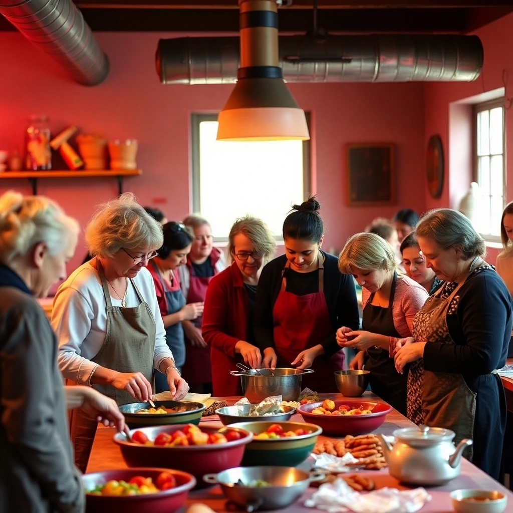 Diverse group in a community kitchen learning upcycled cooking.