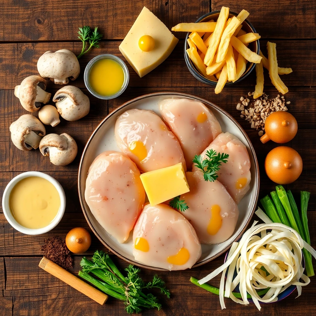 A flat-lay of raw chicken breasts, cheese, mushrooms, French fries, honey mustard sauce, and fresh herbs on a wooden table, ready for meal preparation.