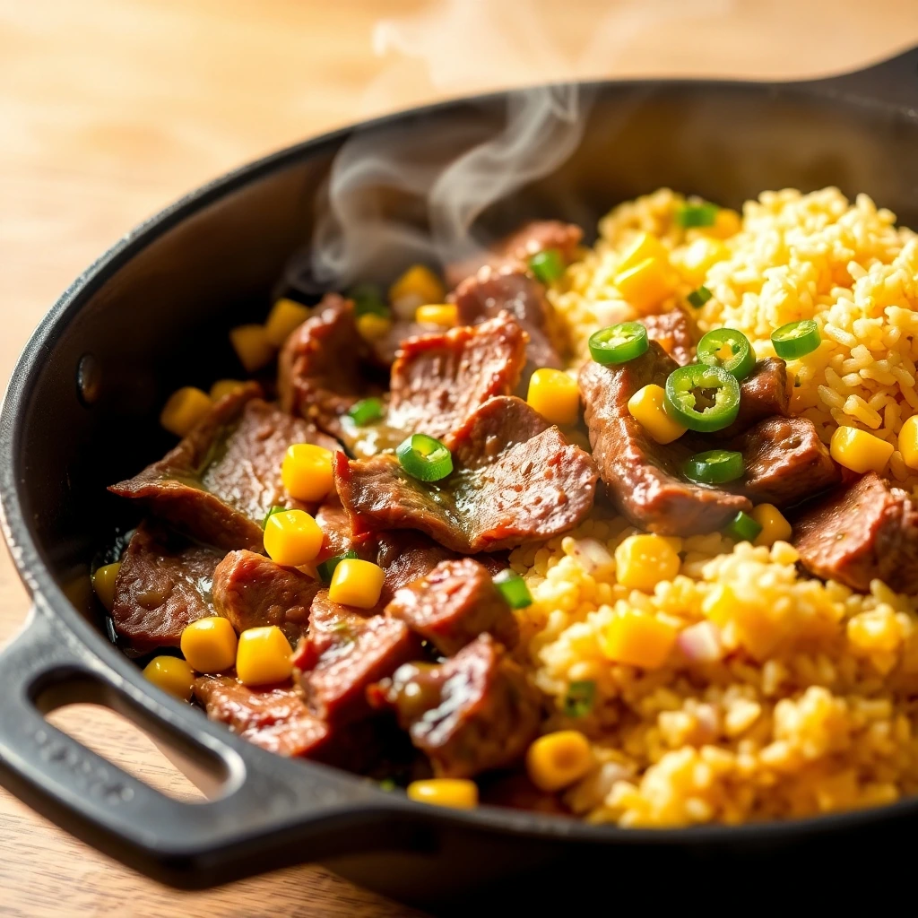 A close-up of Pepper Lunch served in a cast iron skillet, featuring seared beef, sweet corn, rice, and sliced green chilies for added flavor.