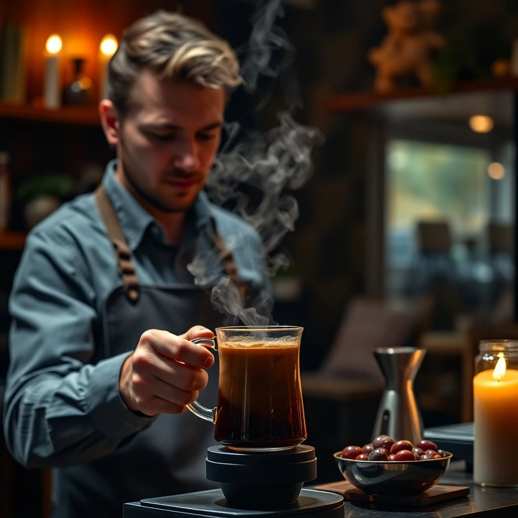 Upcycled Foods Revolution: Barista preparing coffee cherry tea in a cozy café