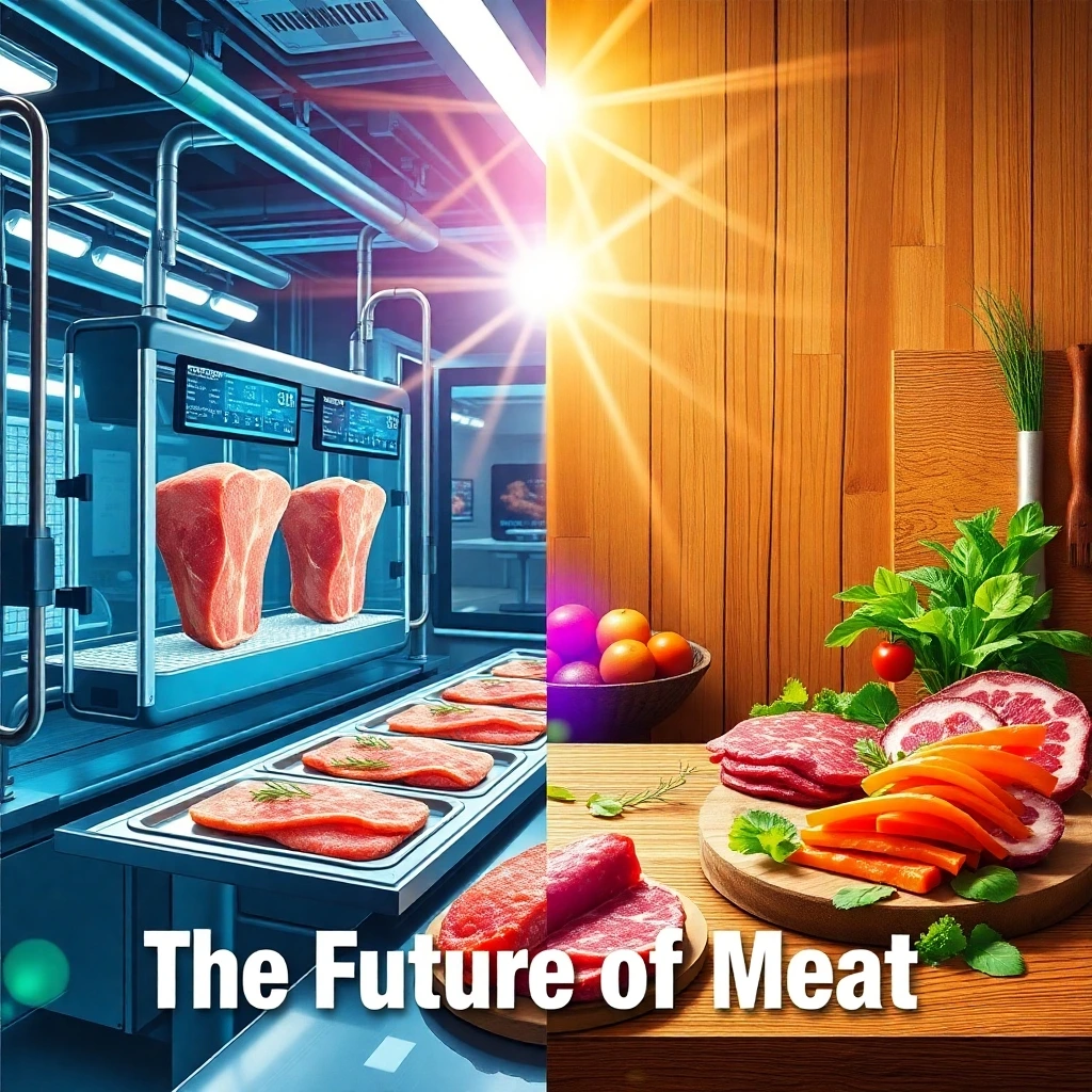 Split-screen illustration of lab-grown meat in a futuristic lab and plant-based deli cuts on a rustic deli counter.