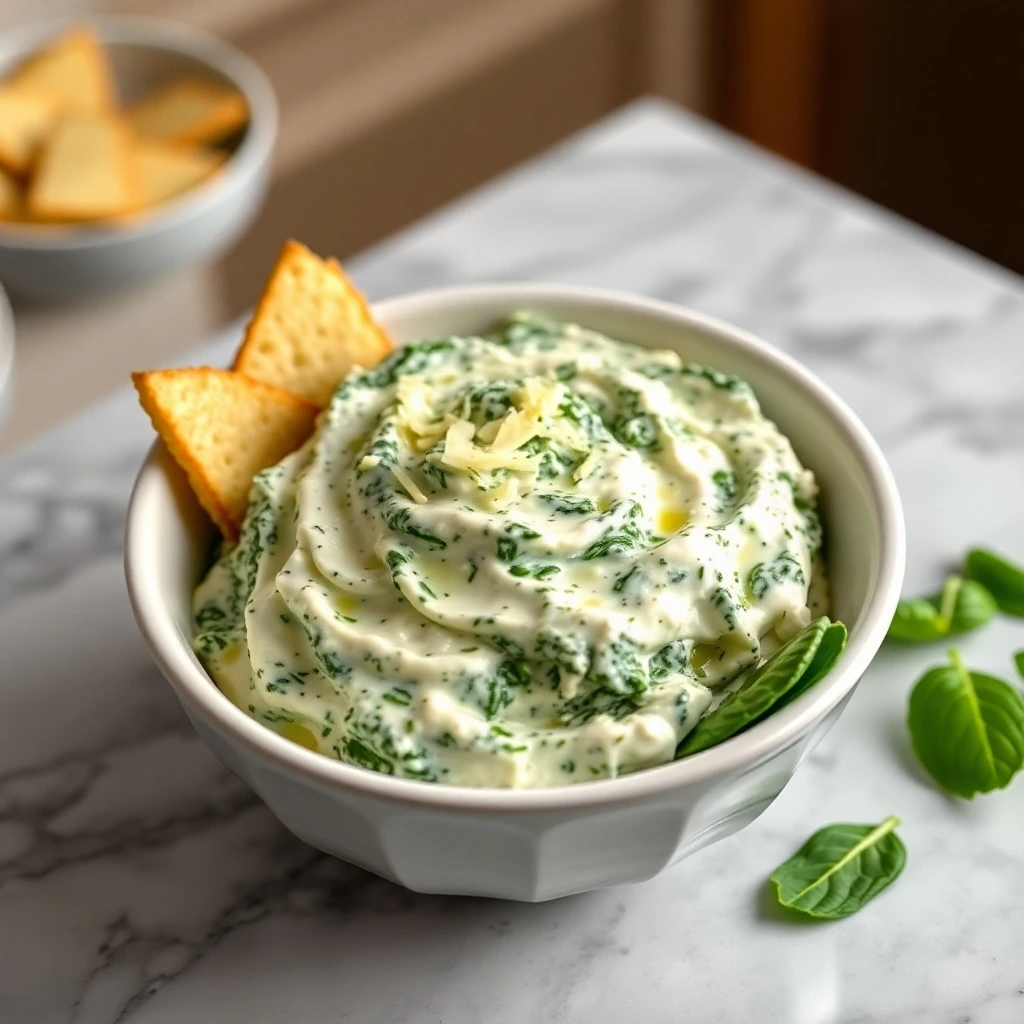 High-resolution image of the Best Spinach Dip Ever in an elegant bowl, featuring a smooth, creamy blend of fresh spinach, cream cheese, and garlic.