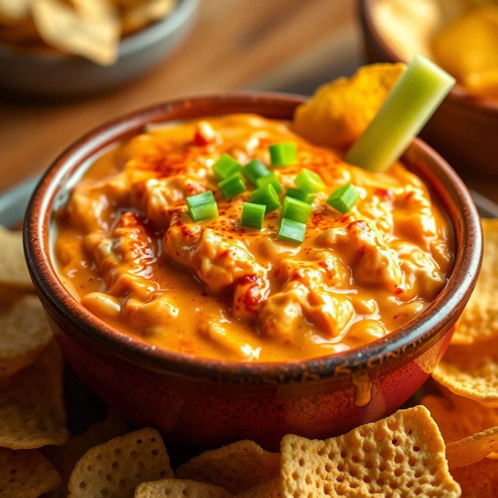 High-resolution image of a bubbling Buffalo Chicken Dip in a rustic ceramic bowl, garnished with celery sticks and tortilla chips, representing crowd-pleasing dips perfect for game day.