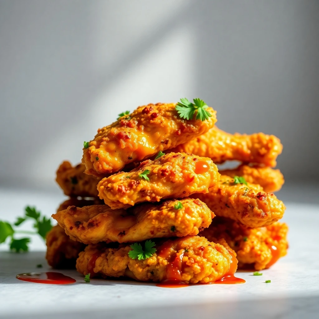 crispy air fryer buttermilk chicken: Stack of crispy air fryer buttermilk chicken garnished with fresh herbs and drizzled with sauce.