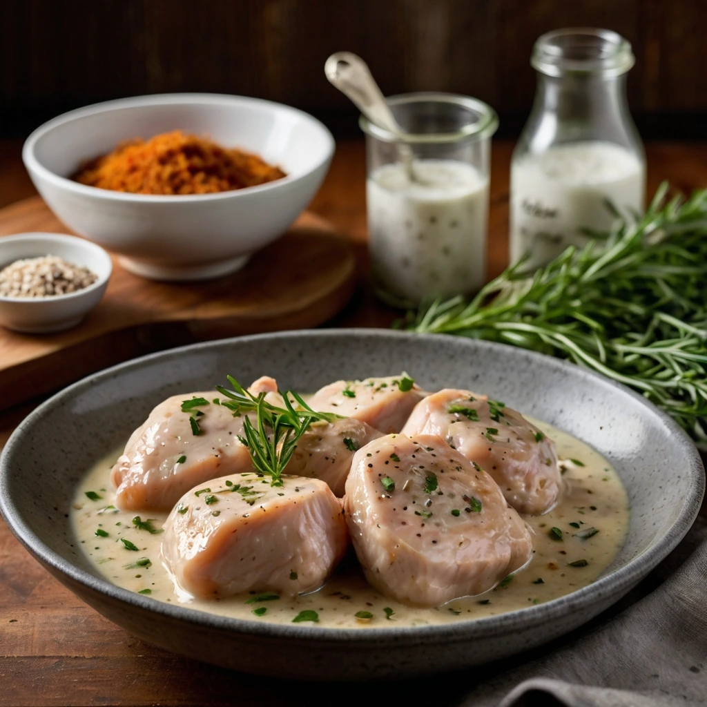 A close-up shot of raw boneless chicken thighs submerged in a bowl of creamy buttermilk, with flecks of black pepper and spices visible. 